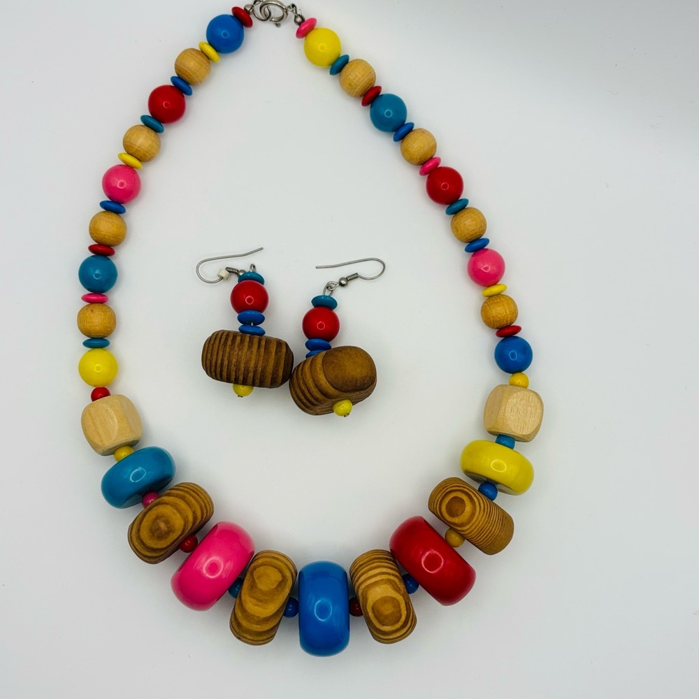 Colorful VTG Wooden Bead Necklace and Earring Set